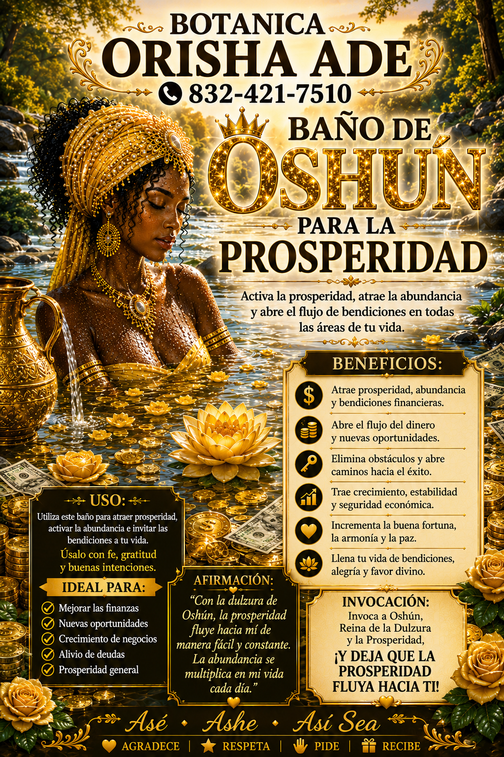 BAÑO DE OSHUN PARA LA PROSPERIDAD - 32OZ -  SOLAMENTE HAY 21 DISPONIBLES